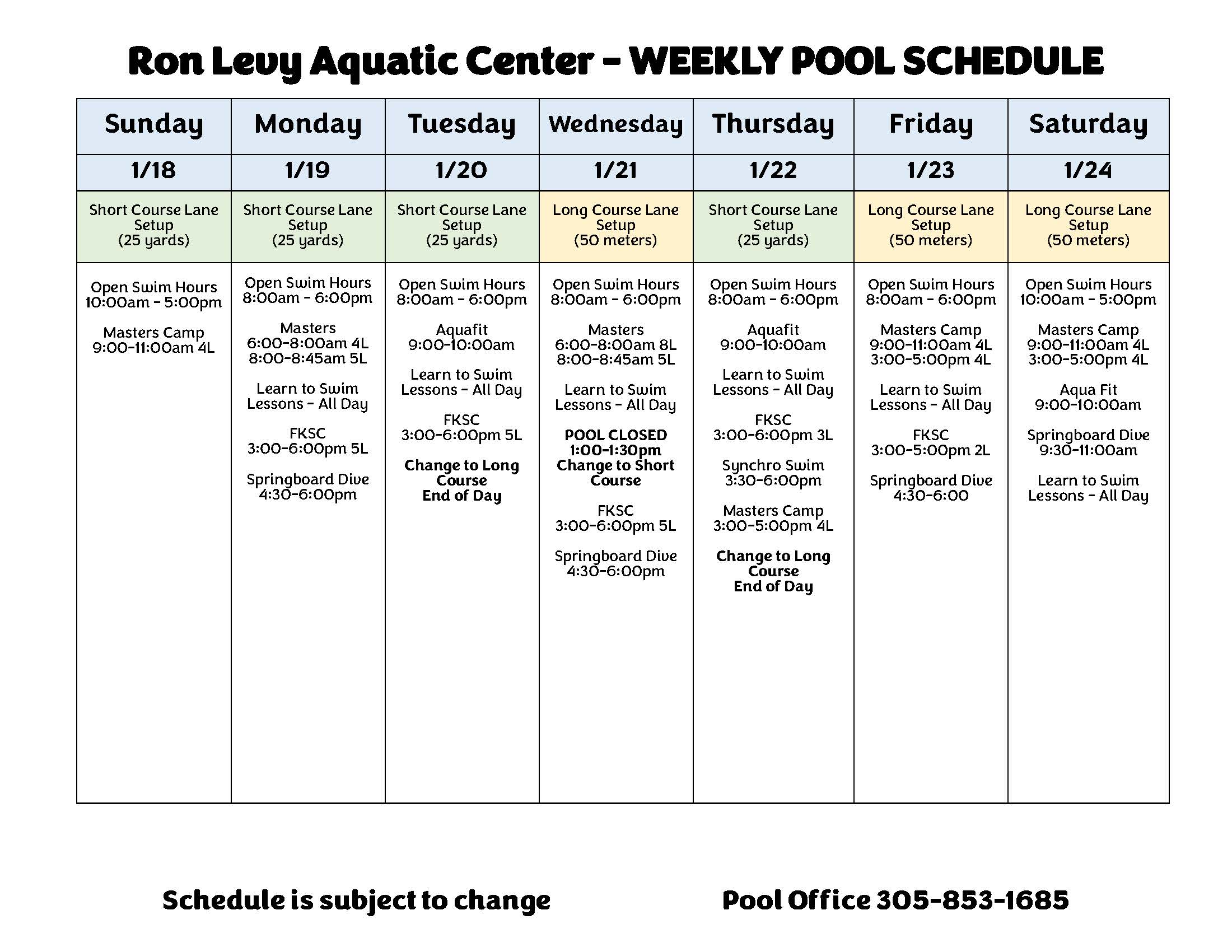 Weekly Pool Schedule 1.18.26-1.24.26